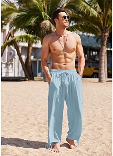 Coofandy Masculino de linho de algodão masculino Harém causal calça de cintura elástica Beach Boho Yoga Troushers