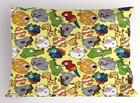 Ambesonne Pillow Sham, animais engraçados Hippo Giraffe Koala Parrot Crocodilo Zoo Jungle Graphic, Tamanho padrão Decorativo