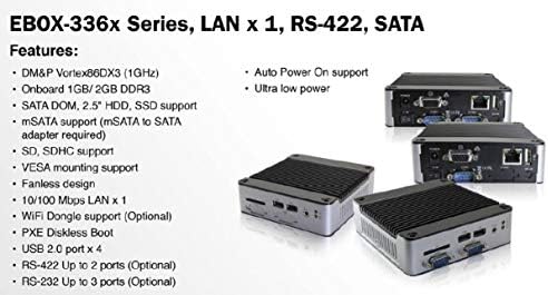 Mini Box PC EB-3362-L2852 suporta saída VGA, RS-485 x 3 e energia automática ligada. Possui um Ethernet de 10/100 Mbps