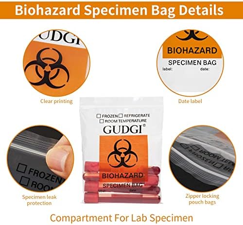 Bolsa de amostra de biohazard gudgi com rótulo de aviso preto, 5x7in com zíper de vedação superior para sacos de vômito Biohazard