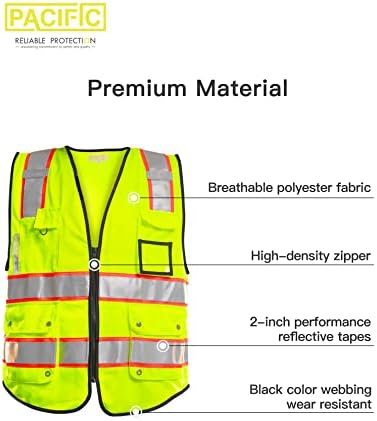 Pacific PPE 10 bolsos de alta visibilidade Goleta de segurança frontal com tiras reflexivas, atende ANSI/ISEA Padrão, grande,