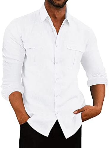 Camisas de botão masculino camisa de linho de algodão de cor de cor de manga longa de cor de praia, camisa de manga comprida,