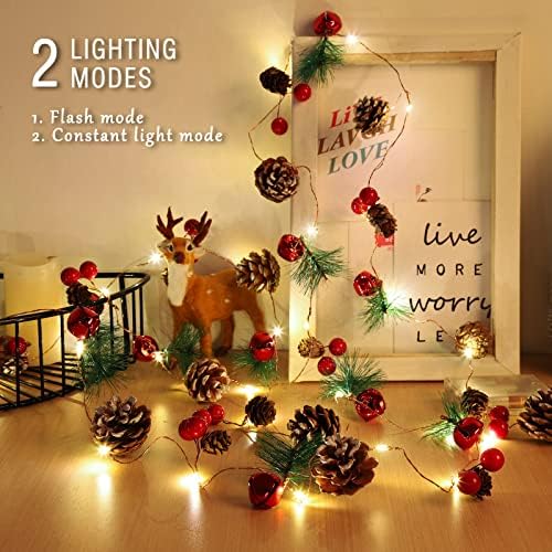 Garland de Natal com luzes, pinheiro de pinheiro sinos de berry de guirlanda luzes, 10 pés 30 luzes LED, decorações