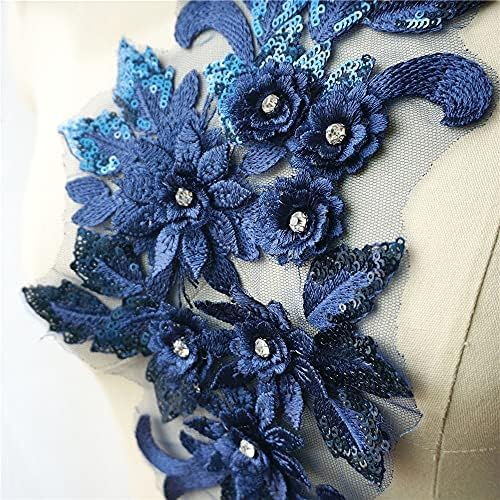 Floyinm Navy Blue Lace Tecido de lantejoulas 3D Flores de shinestone Tassel Vestido de casamento Apliques Encontros de costura bordados