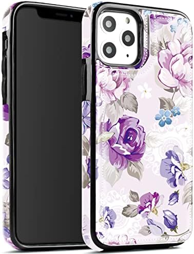 Caso do iPhone 12 Hoofur, iPhone 12 Pro Case, Slim Fit Premium Leather Cartão Caso de Flor Cartão de Flor Slots Chela Proteção