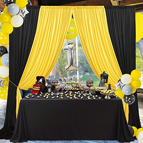 Painéis de cortina de cenário grátis de rugas para festa, cortina de cenário preta de 10x10 pés e cortina de cenário amarelo