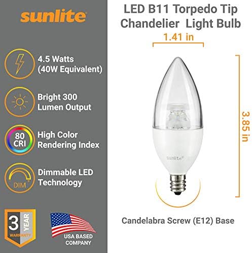 Sunlite 80770 LED B11 Lâmpada de lustre de torpedo clara, 4,5 watts 300 lúmens, base de candelabra e12, estrela de energia