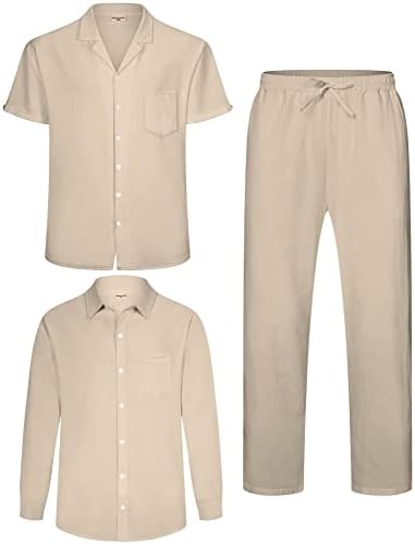 Roupas de linho masculinas de yaogro: 3 peças de botão de praia para baixo camisetas casuais calças soltas de manga curta