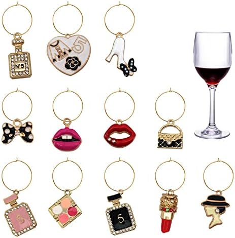 12pcs Wine Glass Charms Rings Wine Charms para copos de caules maquiagem tema de vidro de vidro marcadores de bebidas marcadores tags cotéis de identificador de vinhos para descendentes de vinhos de despedida de degustação de vinhos Decorações de festas