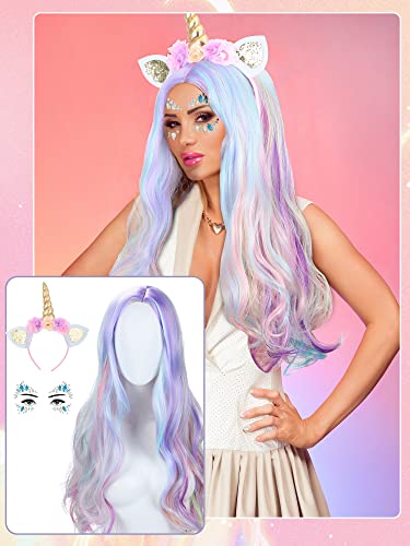 Janinka 3 PCs Halloween Unicorn Wigmaid Face Jewels Definir longos Raves Curly Wavy Rainbow Hair Unicorn Party Splinestones Rave