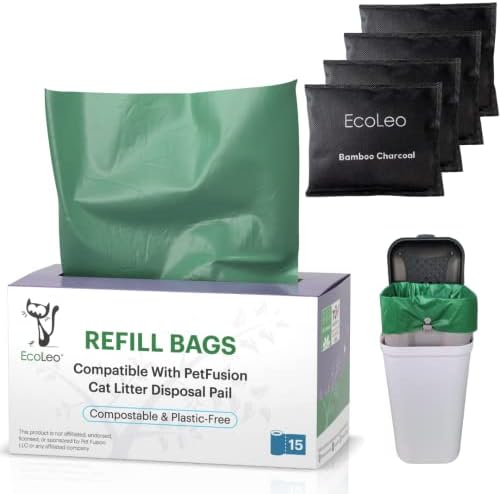 Bolsas de revestimento compatíveis com petfusion e pacote de carvão de bambu para balde de resíduos de animais de estimação, compostável, inclui 15 sacos + 4 sacos de desodorização de odor. Sacos de revestimento de substituição ecológicos