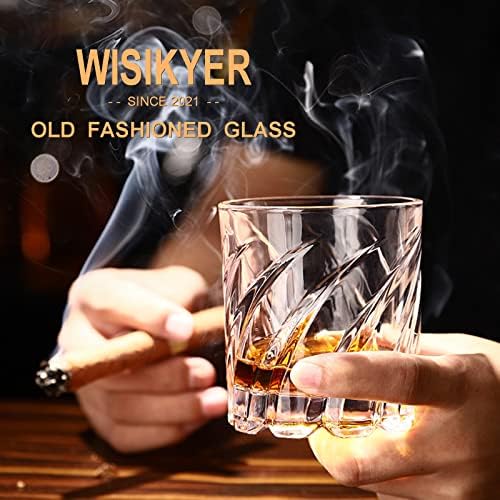 Wisikyer Whisky Glasses Conjunto 4, vidro de bourbon girando com caixa de luxo girando rochas antiquadas presentes de vidro no aniversário/dia do pai/aposentadoria, presente de copo de vidro escocês para homens/pai/marido