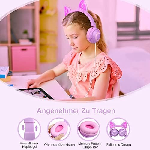 Lobkin Headphones Kids, fones de ouvido ouvidos de gatos com LED, limitador de volume de 85db, calças dobráveis, fones de ouvido com