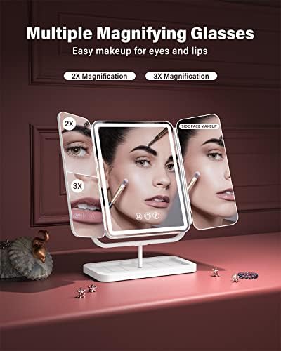 Espelho de vaidade com trifold de Cassilando, 3 modos de iluminação, rotação de 360 ​​° ， espelho de maquiagem com trividão, espelho