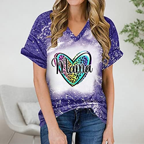 Mama camisetas engraçadas para feminino arco -íris camisetas de túnica impressa túnica corante tingra de manga curta V camisa de beisebol de verão de pescoço de pescoço