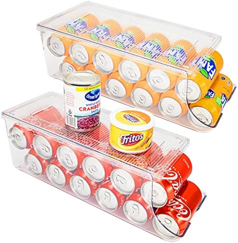 O refrigerante Scavata 2 Pack pode refrigerador, latas de latas de latas de latas de alimentos enlatados empilháveis ​​dispensador de latas de lata com tampa para freezer de despensa de geladeira, caixa de armazenamento de plástico transparente 12 latas cada