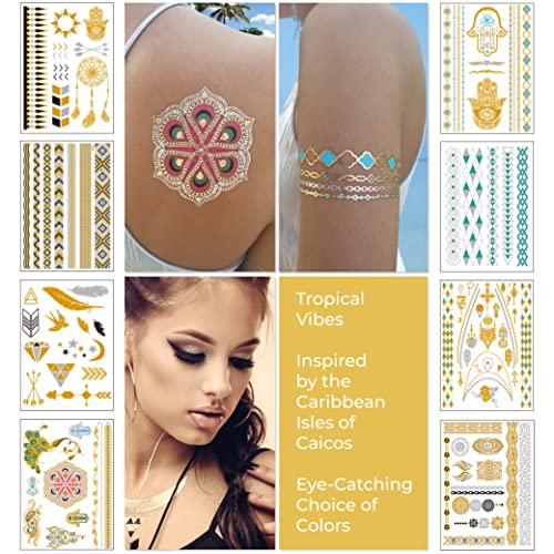 Tatuagens temporárias metálicas para mulheres adolescentes meninas - 8 folhas douradas prateado tats temporário tats brilho de brilho tatuagens de jóias - 100+ colorido flash