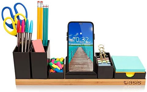 Organizador de mesa personalizável, base de madeira de bambu com bandejas magnéticas, titular da organização para desktop para caneta,