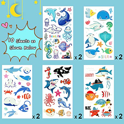 Festa de 130 estilos de tubarão luminoso tatuagens temporárias para crianças, decorações de aniversário de tubarão Favorias de festas para meninos e meninas, oceano sob o mar com tatuagens falsos presentes