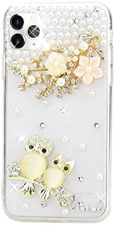 AS -ZEKE elegante capa de telefone compatível com o Samsung Galaxy S22 6,1 polegada 2022, Bling Handmdae Series Flowers Night Owl Design Girls Women Cover Caso - Champagne