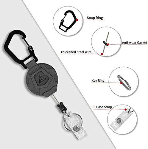Keychain retrátil, EULPS Reel de ID retrátil para serviço pesado com anel de chave de carabiner para a cadeia de teclas de etiqueta,