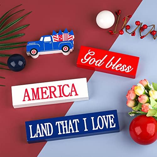 4 PCS Tabela patriótica Sign de madeira Independência Dia da bandeja Decor de bandeja Caminhão de estrela Bless America Land, que