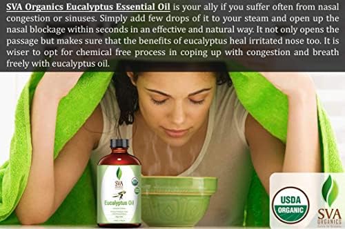 Organics SVA Eucalyptus Óleo Essential Orgânico 4 oz USDA com gotas de gotas puro natural natural não diluído petróleo terapêutico