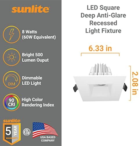 Sunlite 85557 de 2 ”quadrado Anti-Glare Robled Inwork, 8 watts, 500 lúmens, 4000k White Cool White, Dimmable, 90 Cri, ETL listado,