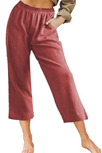 DGHM-JLMY sólida feminina solta cintura elástica Capris Pontas de linho Casual Calças retas de lounge comfosos calças com bolsos