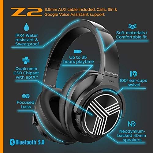 Treblab Z2 | Os fones de ouvido com exercícios de ouvido com microfone | Bluetooth 5.0, cancelamento de ruído ativo | Até 35h Battery
