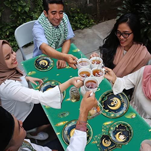 Eid Mubarak Party Decoration-142pcs Ramadan Party Tableware Setty inclui placas e copos de Eid Mubarak, cobertura de mesa descartável, banner para material de festa muçulmano do Ramadã Eid al-Fitr, serve 20