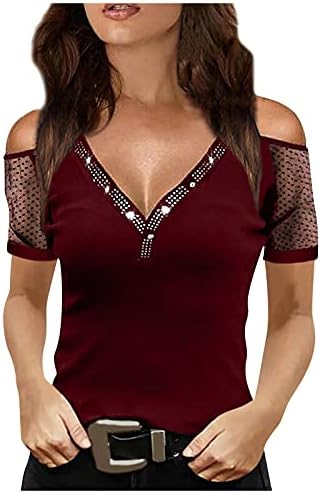 Tops de pescoço em V para mulheres túnicas de túnica de strass da moda fora do ombro Blouses de manga de renda de ombro casual tampas de tanques sexy