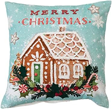 Creative Co-Op 18 Algodão quadrado travesseiro impresso com Gingerbread House, Bordado e Feliz Natal, Multi Color ©