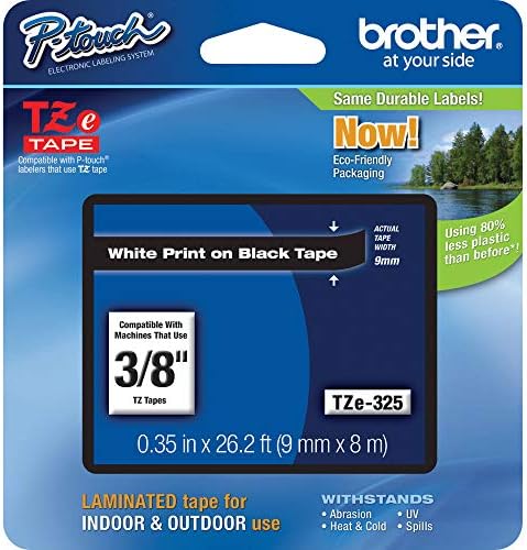Brother Genuine P-Touch Tze-325 Fita, fita laminada padrão de 3/8 de 3/8, branca em preto, laminado para uso interno ou externo, resistente