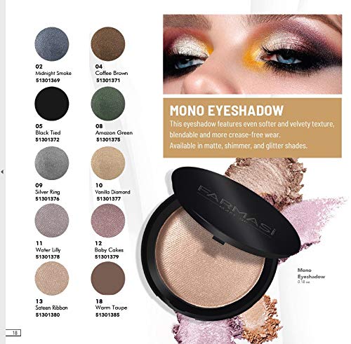 Farmasi Makeup Mono Eyeshadow, estrutura macia e muito fina e sedosa, ultra-pigmentada e fácil de aplicar, duradoura,