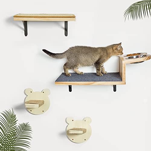 Prateleiras de parede de gato de Litail com 2 tigelas elevadas, montagem na parede de prateleira de gatos, prateleiras e poleiros de gato, móveis de parede de gato para escalar o sono brincando, o conjunto de prateleiras de degraus…