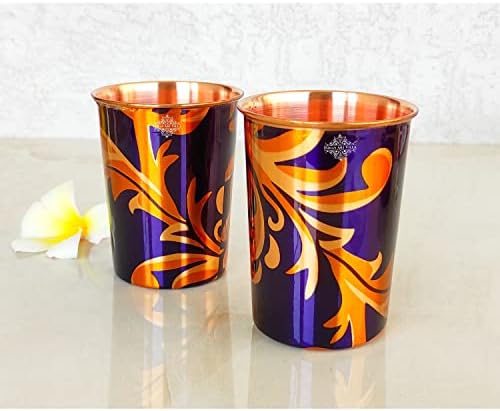 Indian Art Villa Pure Copper Presd Glass com estampa de folhas, serviceware e drinques, volume -10 oz - Conjunto de 4