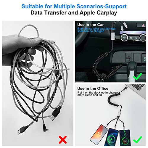 Cabo USB C para Lightning para Apple CarPlay [Certificado MFI], Multi 5 em 1 Cabo de carregamento de iPhone em espiral USB com sincronização