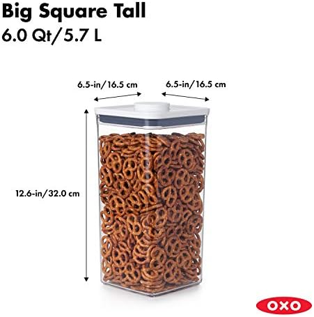 Oxo Good Grips Greips 3 peças Distribuidor de cereais Pop Conjunto e Good Grips Pop Container - Armazenamento de Alimentos Aeronaves - 6,0 QT para alimentos a granel e muito mais, transparente, 6,0 qt - quadrado - alimento a granel