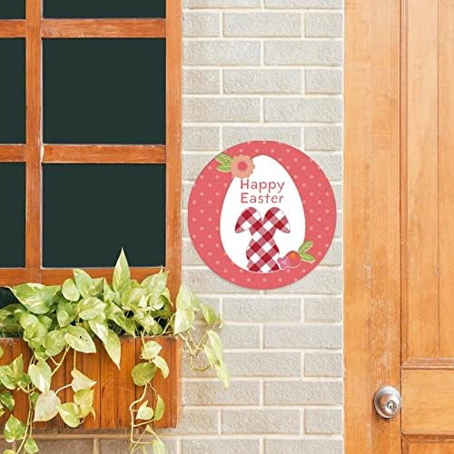 Sinal de metal redondo de metal feliz ovo de páscoa e coelho de decoração de páscoa vermelha de coelho sinal de parede vintage