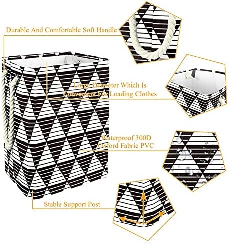 Triângulos abstratos Triângulos em preto e branco Padrão grande cesto de lavanderia com alça fácil de transporte, cesta