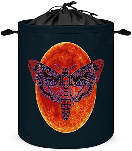 Death Hawkmoth Red Moon Leundry cesto de cesta redonda cesta dobrável lavanderia caixa de armazenamento de balde com alça de corda