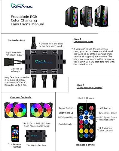 APEVIA FB4-RGB Frostblade 120mm Silent RGB Alteração do ventilador LED para jogos com controle remoto, LEDs 16x e 8x PADs