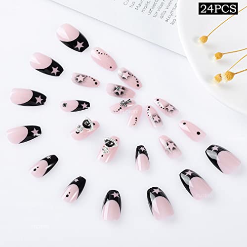 Florry Pressione em unhas curtas Falsas unhas quadradas francês unhas falsas com design rosa acrílico em unhas para mulheres e meninas