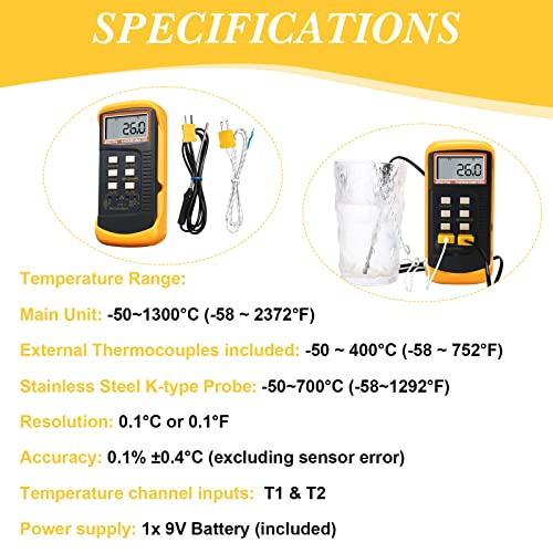 2 PCs Digital 2 canais K Termômetro do tipo com 8 termopares -50 ~ 1300 ° C Sensor de medidores de medição dupla HVAC HVAC Termômetro de alta temperatura pirômetro