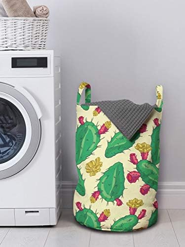 Bolsa de lavanderia suculenta de Ambesonne, silhuetas de cacto e flores em estilo de desenho animado, cesto de cesto com