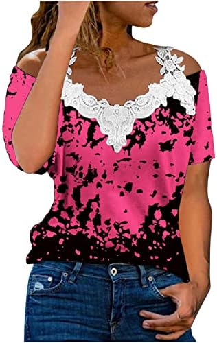 Ombros frios para mulheres, blusa de tira de tira de renda casual elegante, com manga curta, camiseta floral v teles de túnica no pescoço