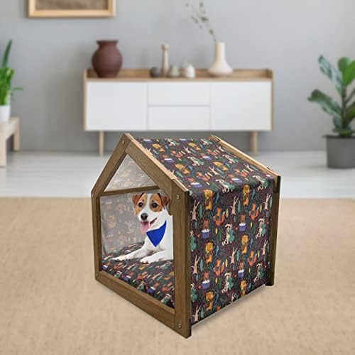 Raccoon Lunarable Wooden Pet House, banda de música tocando instrumentos pastel florestas leo com guitarrões de tambores de guitarra cartoon Fox, canil portátil ao ar livre e interno com travesseiro e capa, pequeno, multicolor