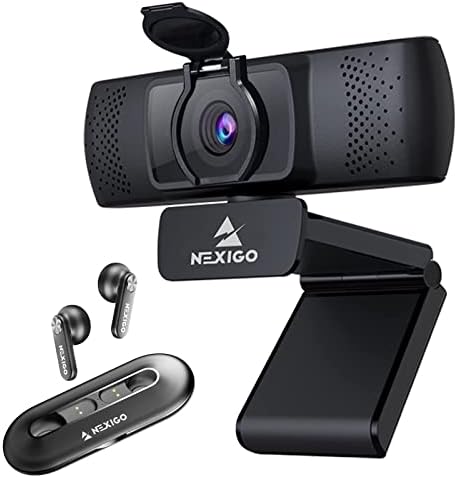 NEXIGO AutoFocus 1080p Webcam Kits, 2021 N930P FHD Câmera da Web USB com capa de privacidade e microfone, Air T2 Ultra-Thin Wireless Earbuds, para zoom/skype/equipes, Mac PC