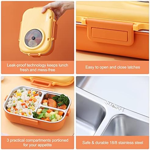 YBOBK Home Caixa Bento portátil de Bento portátil para crianças para a escola, 3 Compartamentos Dividiram o recipiente de almoço de almoço térmico para comida, recipiente de alimentos com isolamento de aço inoxidável com bolsa